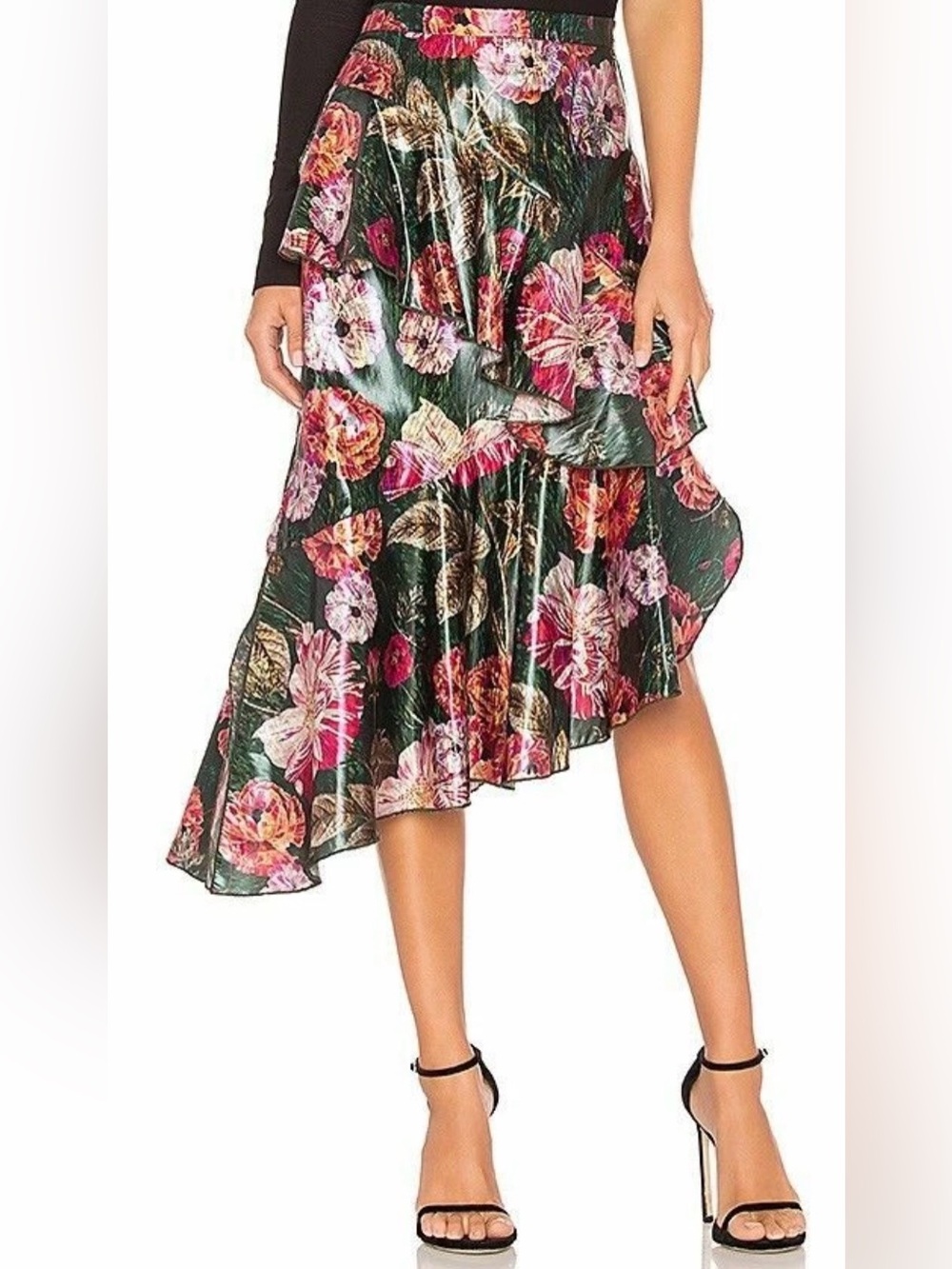 DELFI Collective Isla Metallic Floral Ruffle Asymmetrical Midi Skirt S